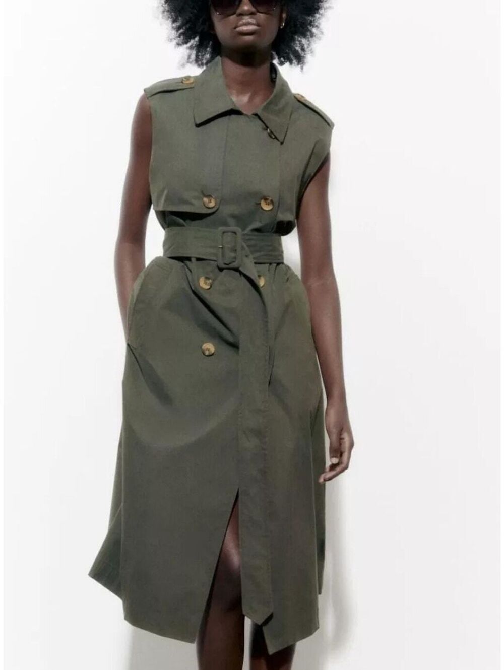 ZARA Olive Khaki Sleeveless Belted Trench Midi Dress Utility Military